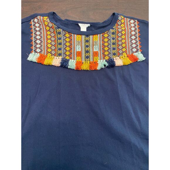 Loft Lounge Southwest Santa Fe Tassel Short Sleeve Shirt 100% Cotton Comfy XL - Picture 3 of 7